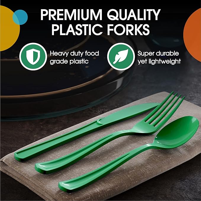 Party Solids Emerald Green Plastic Forks 200 Pcs Green Forks Disposable Utensils Heavy Duty Plastic Cutlery Set Disposable Cutlery Sets Flatware Sets Silverware Set Party Supplies & Party Tableware
