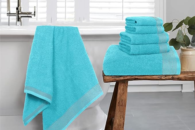 Belizzi Home 100% Cotton Ultra Soft 6 Pack Towel Set, Contains 2 Bath Towels 28x55 inchs, 2 Hand Towels 16x24 inchs & 2 Washcloths 12x12 inchs, Compact Lightweight & Highly Absorbant - Turquoise Blue