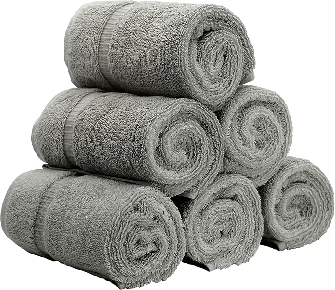 Luxury Hotel & Spa Collection, Quick Dry 100% Turkish Cotton 700 GSM, Eco Friendly Towel, for Bathroom, Gymand Kitchen Dobby Border Soft Hand Towel Set 16 X 30, Gray, Hand Towels - Set of 6