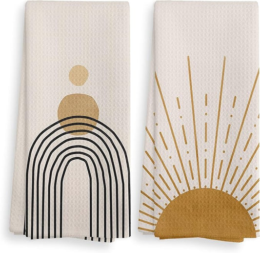 Boho Abstract Sun Sunrise Sunset Sunshine Line Rainbow Kitchen Towels and Dishcloths Sets of 2,Boho Absorbent Drying Cloth Hand Towels Tea Towels for Bathroom Kitchen,16×24 inches