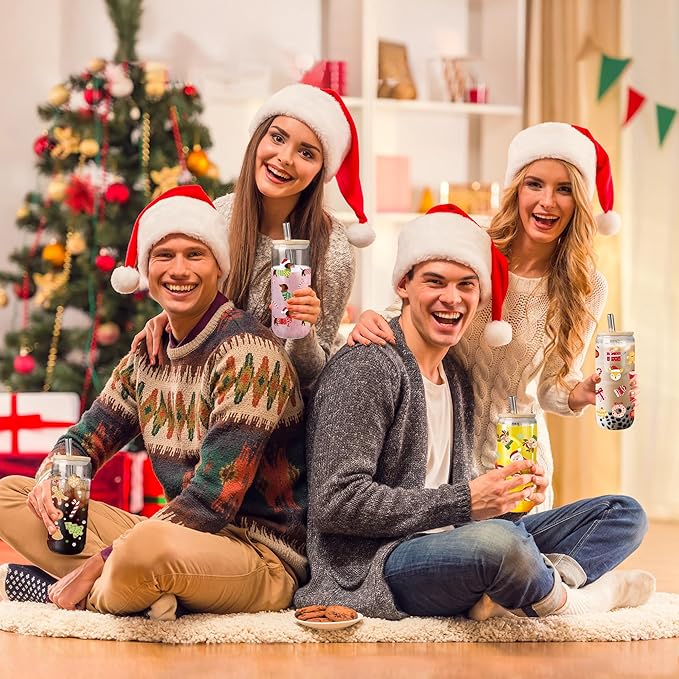 Joeyan Christmas Glass Cups with Lids and Straws,20 oz Iced Coffee Tumbler with Santa Claus and Elk Patterns,Cute Can Shaped Beer Drinking Glasses,Holiday Gifts for Women Mom Friend