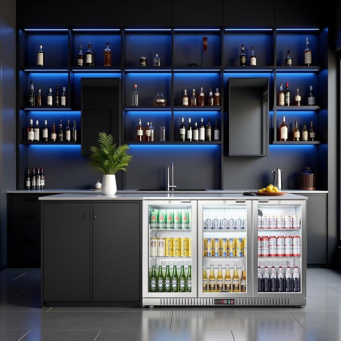 BODEGA BODEGACOOLER Back Bar Cooler With 3 Glass Doors,11.4 Cu.Ft Stainless Steel Commercial Back Bar Fridge with LED Lighting, Counter Height Bar Beverage Cooler for Beer,Soda Drinks,Wine