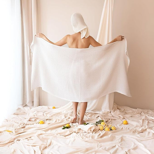 2-Piece Waffle Towels Set for Bathroom Natural Undyed - Soft 100% Turkish Cotton Quick-Dry Lint-Free Waffle Weave Thin Bath and Hand Towels (Natural, Set of 2 Mix Towels)