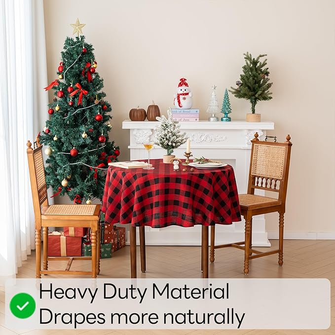 Christmas Gingham Tablecloth Heavy Duty Cotton Blend Red 60 inch Round Christmas Table Cloth Reusable Waterproof Foldable Tablecloths Xmas Table Cover for New Year Party Decor