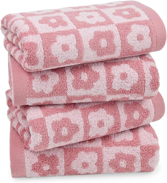 Jacquotha Cotton Hand Towels Pink Checkered Floral - Quick Drying Hand Towel Set of 4, for Women Girls Bathroom Decor, 29” x 13”