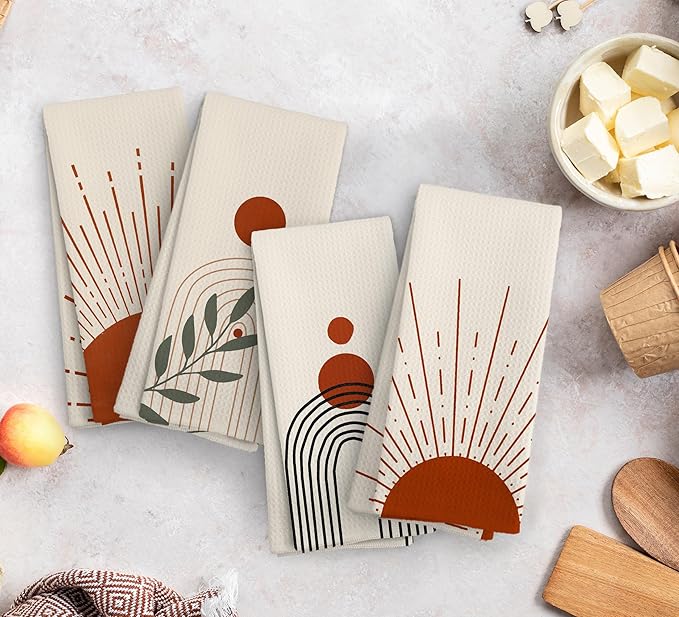 Boho Abstract Red Sunshine Kitchen Towels and Dishcloths Set of 4, Boho Mid Century Modern Abstract Minimalist Sunshine Drying Cloth Hand Dish Tea Towels for Bathroom Kitchen, 16x24 Inches
