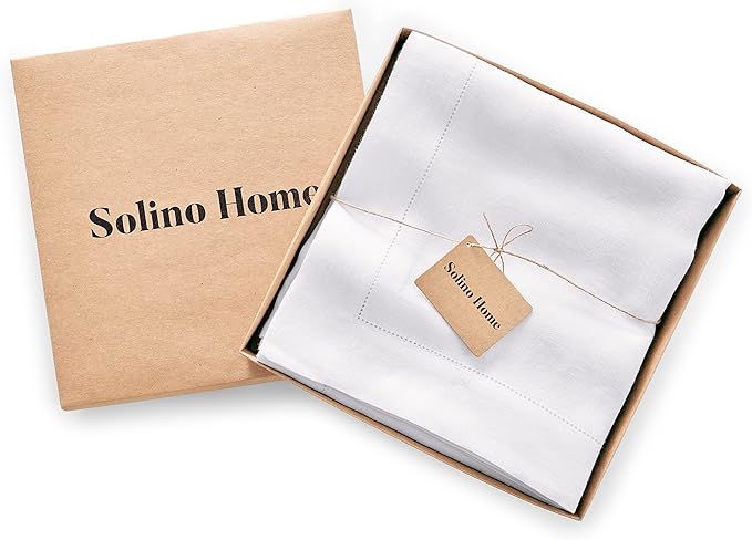 Solino Home White Linen Tablecloth 70 x 144 Inch - 100% Pure Linen Hemstitch Table Cloth for Rectangle Tables - Sonoma Hemstitch, Machine Washable Tablecloth for Valentines, Winter, New Year