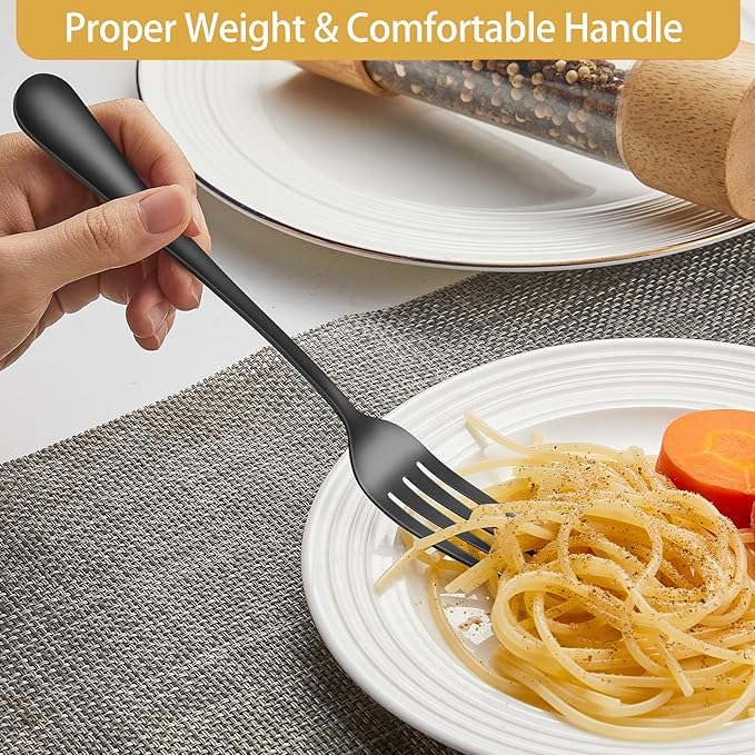 Forks and spoons silverware set 24pcs black spoons and forks set Durable Dishwasher Safe black silverware for home kitchen stainless steel (Black)