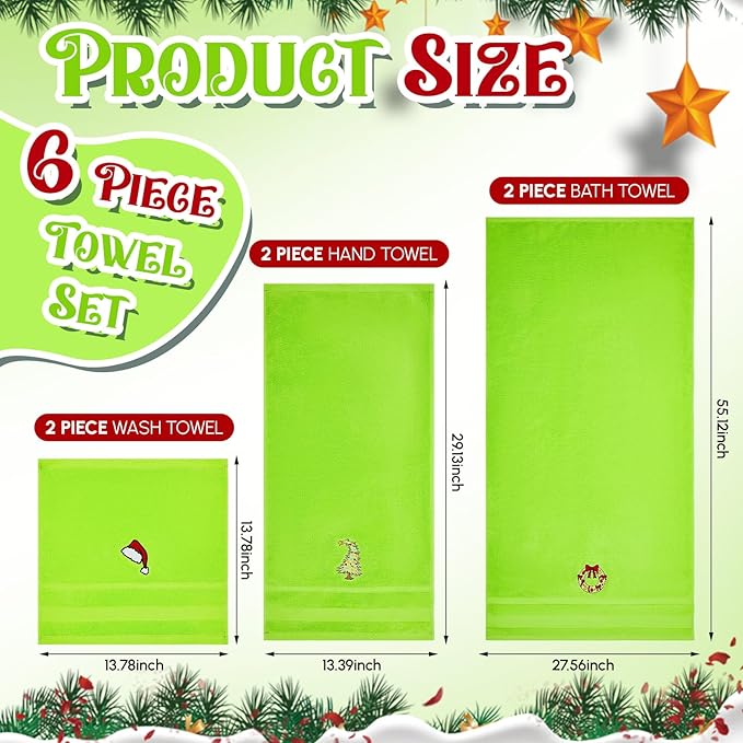 Peryiter 6 Pack Cotton Christmas Green Bath Towels Set Bright Green Christmas Towels Bathroom Set, Soft and Absorbent, Contains 2 Bath Cloth, 2 Hand Cloth and 2 Washcloths