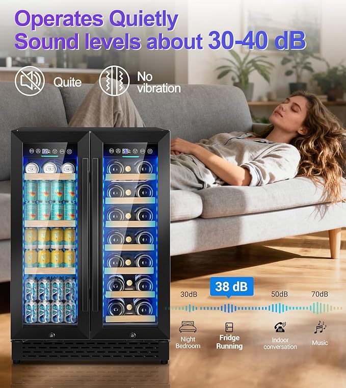 24 Inch Wine and Beverage Refrigerator，90 Can & 21 Bottle Dual Zone Wine Fridge Cooler, Built-In or Under Counter Fridge with 3 LED, Fast Cooling & Low Noise for Home/Kitchen