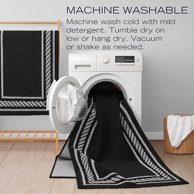 Nautica – Runner Rug | Indoor Runners for Hallways and Entry Rugs| Non-Slip and Non-Skid Entry and Kitchen Door Mat| Machine Washable Entryway Carpet Rugs | 2'2" x 3'9" | Rope Border Black