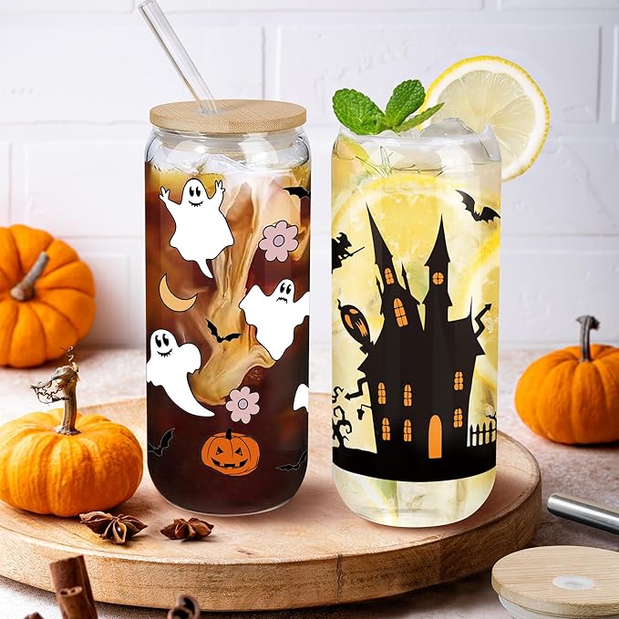 Joeyan Halloween Glass Cups with Lids and Straws,20 oz Haunted House and Cat Iced Coffee Tumbler,Funny Can Shaped Beer Drinking Glasses,Holiday Gifts for Women Mom Friend Teen