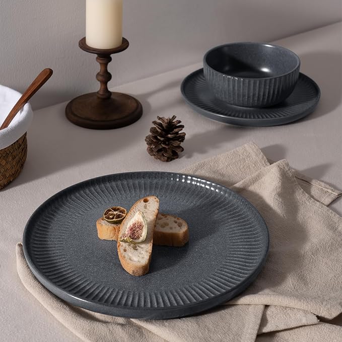 Famiware Starlight Plates and Bowls Dishes Set of 4 (12 Pieces), Ribbed Textured Stoneware Dinnerware Sets- Dishwasher & Microwave Safe, Chip Resistant, Matte Midnight Grey