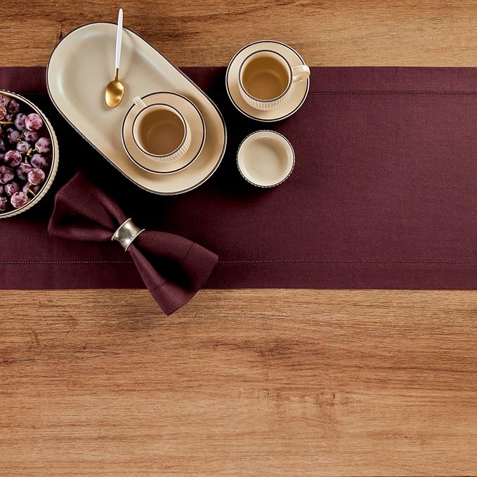 Solino Home Linen Burgundy Table Runner 144 Inches Long - 100% Pure Linen Extra Long Table Runner 14 x 144 Inch for Valentines, Holiday, Winter, New Year - Classic Hemstitch