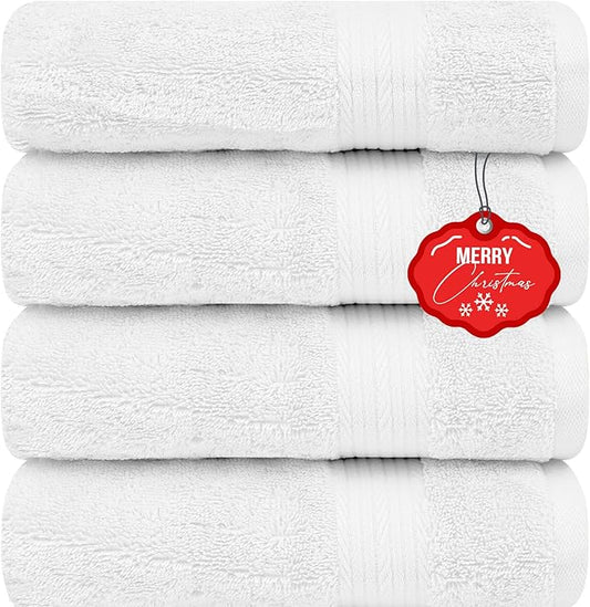Ample Decor Bath Towels 30 X 54 Inch 600 GSM 100% Cotton Bathroom Towel Soft Absorbent - 4pcs - Christmas White