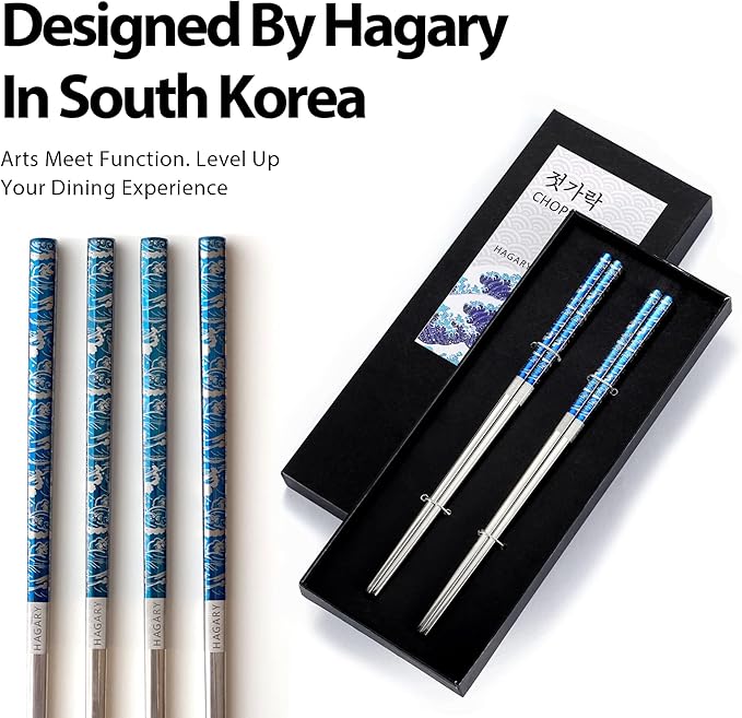 Hagary Blue Wave Chopsticks 2 Pairs Metal Chopsticks Reusable Designed In Korea Japanese Style Stainless Steel 316 18/10 Non-Slip Dishwasher Safe