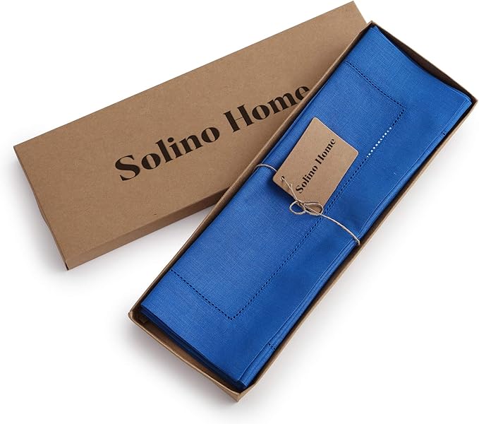 Solino Home Linen Placemats Set of 4 - Classic Hemstitch Royal Blue Placemats 14 x 19 Inch - 100% Pure Linen Table Mats for Holiday, Winter, New Year