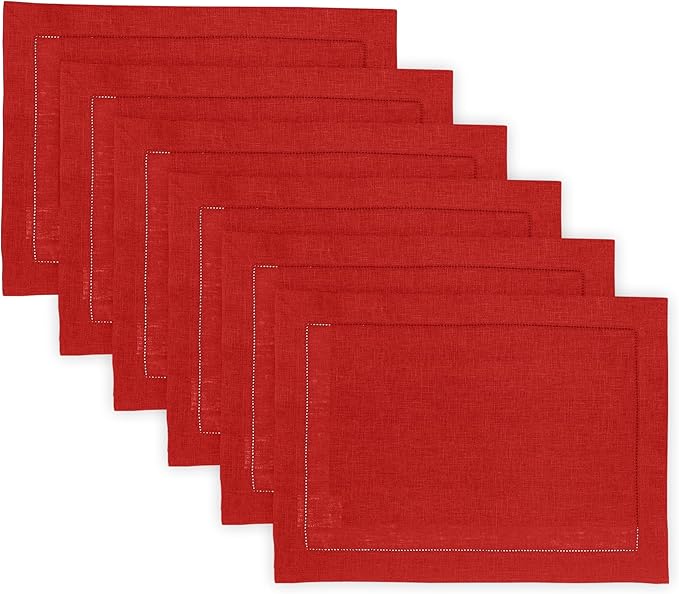 Solino Home Linen Cloth Placemats Set of 6-100% Pure Linen Hemstitch Red Placemats 14 x 19 Inch - Classic Hemstitch Table Place Mats for Valentines, Winter, New Year