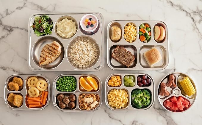 Korean Stainless Steel Divided Plates, Food Grade 304 Tray for Kids, Teens, Adults, Picky Eaters, BPA Free, 6 Sections, Diet Portion Control, Serving Platter, Dinner Snack, Set of 2