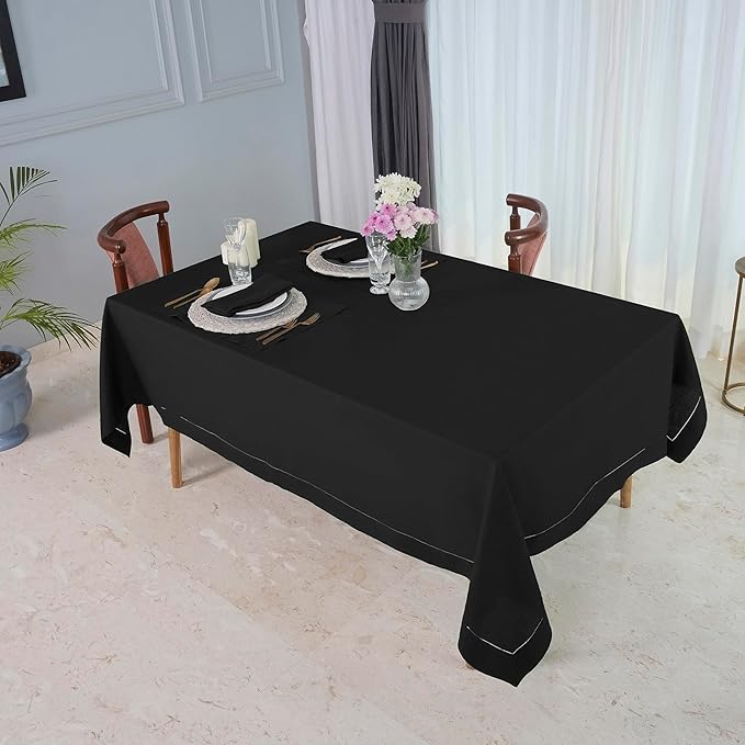 D'Moksha Homes Black Linen Tablecloth for Rectangle Tables 60 x 102 Inch - Classic Hemstitch 100% Pure Linen Black Table Cloth - Machine Washable Dining Tablecloth for Christmas, Holiday, New Year
