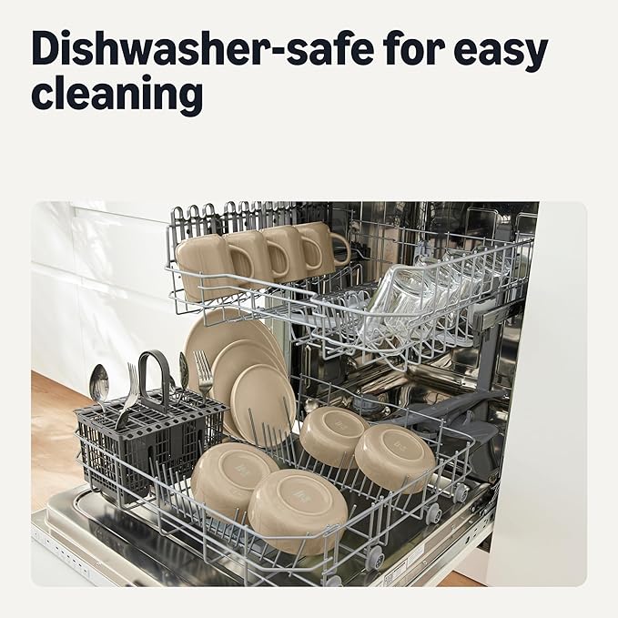 Amazon Basics Glazed Stoneware Dinnerware, Ceramic 12-Piece Set, 4 Full Place Settings, Dishwasher-Safe, Linen Gray