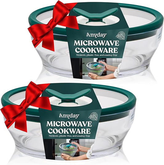 Anyday 2-Pack (4-Cup Shallow) Glass Food Storage with Glass Lids | Plastic-Free Meal Prep & Microwave Cookware | Stackable Airtight Storage Container with Vented Lid for Microwave-Safe Reheating