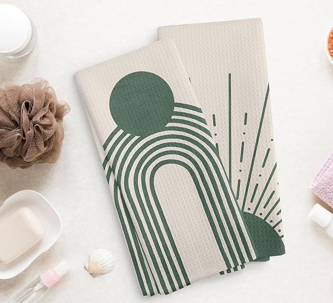 Beige Green Sunrise Moon Rainbow Kitchen Towels and Dishcloths Sets of 2, Bohemian Decorative Towels, Abstract Arch Drying Cloth Hand Towels for Bohemian Bathroom Kitchen Decor, 16×24 Inches