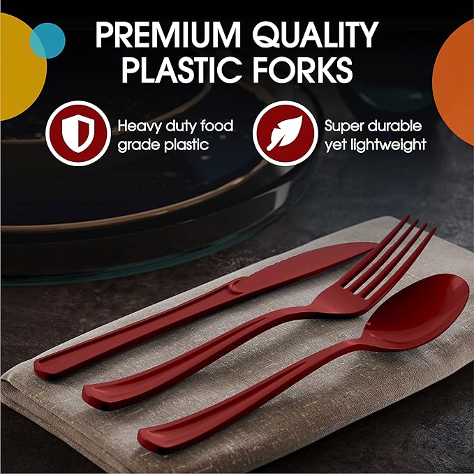 Party Solids Burgundy Plastic Forks 200 Pieces Burgundy Forks Disposable Utensils Heavy Duty Plastic Cutlery Set Disposable Cutlery Sets Flatware Sets Silverware Set Party Supplies & Party Tableware