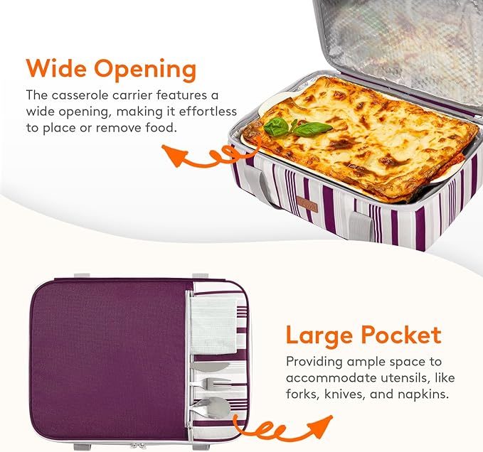 Lifewit Insulated Casserole Carrier for Hot or Cold Food, Casserole Dish with Lid and Carrying Case, Lasagna Holder for Potluck Parties/Picnic/Cookouts, Fits 9"x13" Baking Dish, Purple