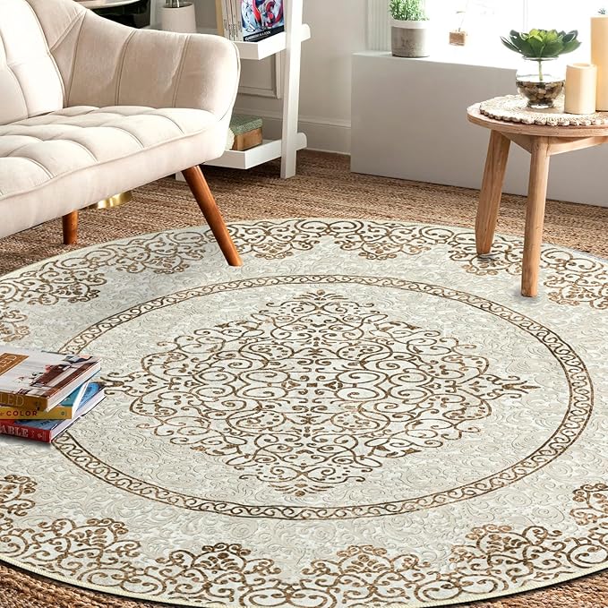 Easy-Going Round Rug 6ft Area Rug Washable Boho Neutral Circle Rugs for Living Room Non-Slip Bedroom Rug Low Pile Lightweight Floral Brown Print Vintage Throw Rug for Dining Room Kitchen Home Office