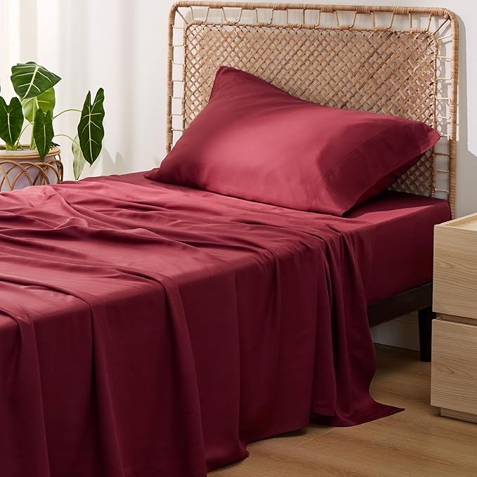 Bedsure Cooling Sheets Twin, Rayon Derived from Bamboo, Breathable & Soft Twin Sheets Set, Deep Pocket Up to 16 Inches, Hotel Luxury Silky Bedding for Hot Sleepers, Burgundy