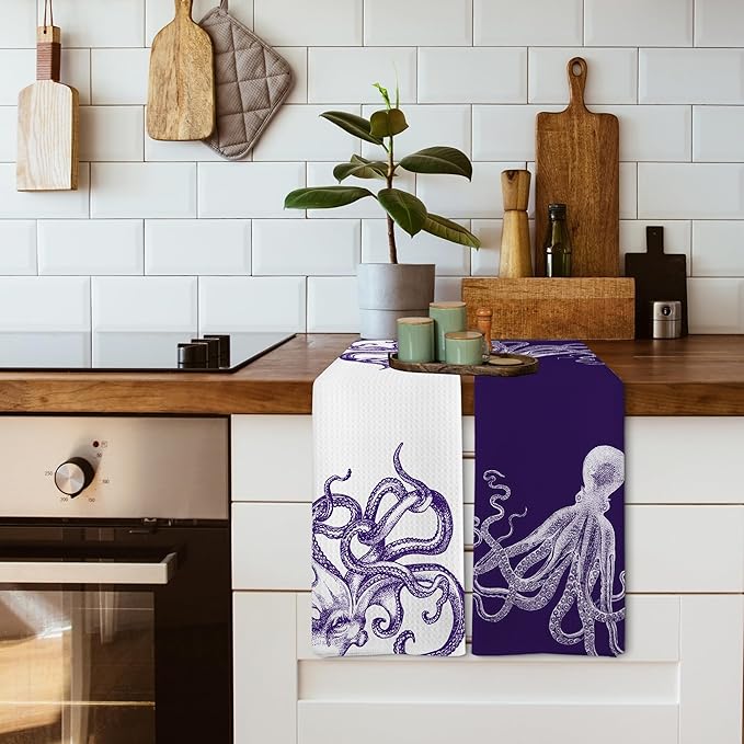 Coastal Octopus Halloween Decor Dish Hand Tea Towels for Bathroom Kitchen, Octopus Ocean Cryptid Spooky Home Bathroom Decor, Coastal Nautical Kitchen Towels and Dishcloths Sets of 2, 16x24 In