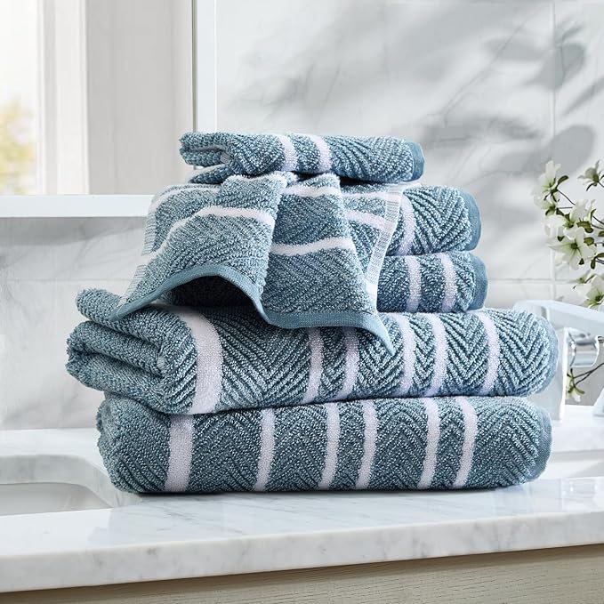 Nautica - Bath Towels, 100% Soft & Absorbent Plush Cotton Towels with Yarn Dye Loops, Medium Weight Bathroom Towels (Cruise Along Blue, 6 Piece)