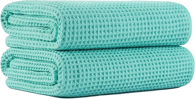 New Microfiber Waffle Bath Towels, 2 Pieces, Oversized, Soft, Absorbent, Fast Drying, Lint Free (Turquoise)