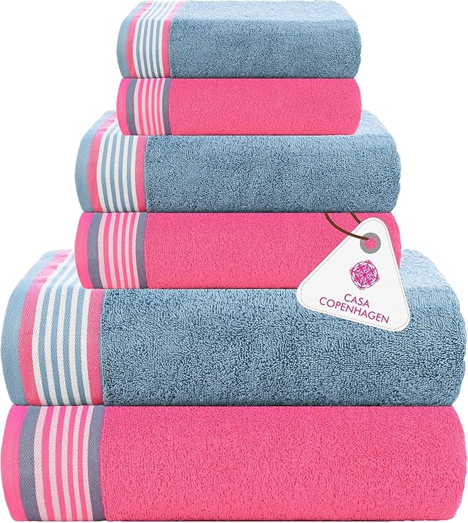 CASA COPENHAGEN He & She 6 Pieces Towel Set- Dusty Blue + Pink, 550 GSM 2 Bath Towel 2 Hand Towel 2 Washcloth, Designed in Denmark Made of Soft Egyptian Cotton for Bathroom, Kitchen & Shower