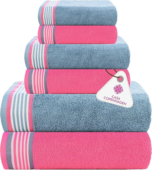 CASA COPENHAGEN He & She 6 Pieces Towel Set- Dusty Blue + Pink, 550 GSM 2 Bath Towel 2 Hand Towel 2 Washcloth, Designed in Denmark Made of Soft Egyptian Cotton for Bathroom, Kitchen & Shower