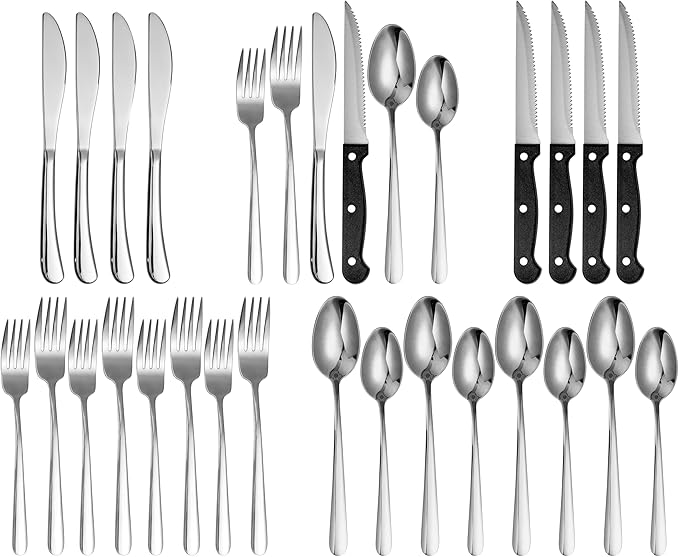 Elegant Tableware Set, 24 Pcs Silverware Set For 4, Food-Grade Stainless Steel Flatware Set, Mirror Polished Cutlery Utensil Set, Include Steak Knife Fork And Spoo, Dishwasher Safe
