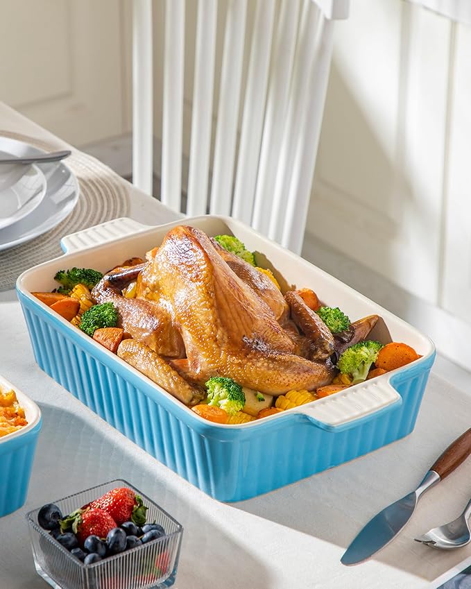 MALACASA 4.4 QT Baking Dish, 9x13 Large Casserole Dish for Oven, Ceramic Baking Pan, Rectangular Lasagna Pan Deep with Handles for Baking, Durable Microwave Oven Safe, Blue, Series BAKE-BAKE