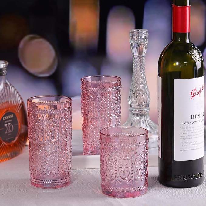 6 Pack Pink Glassware Drinking, 12oz Highball Embossed Beverage Glass Cup, Vintage Drinking Glasses, Colored Water Glasses for Party Wedding Home Office and Gift