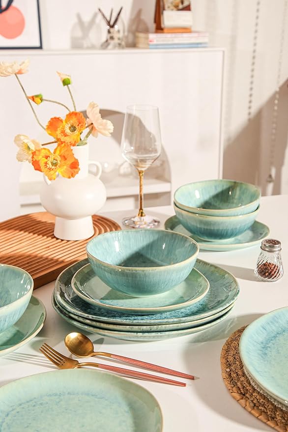 Decosignature Modern Plates and Bowls Sets 12-Piece Ceramic Dinnerware Set for 4 Blue Kitchen Plates and Bowls Microwave Dishwasher and Oven Safe Stackable Tableware Dinnerware Sets for Everyday Use