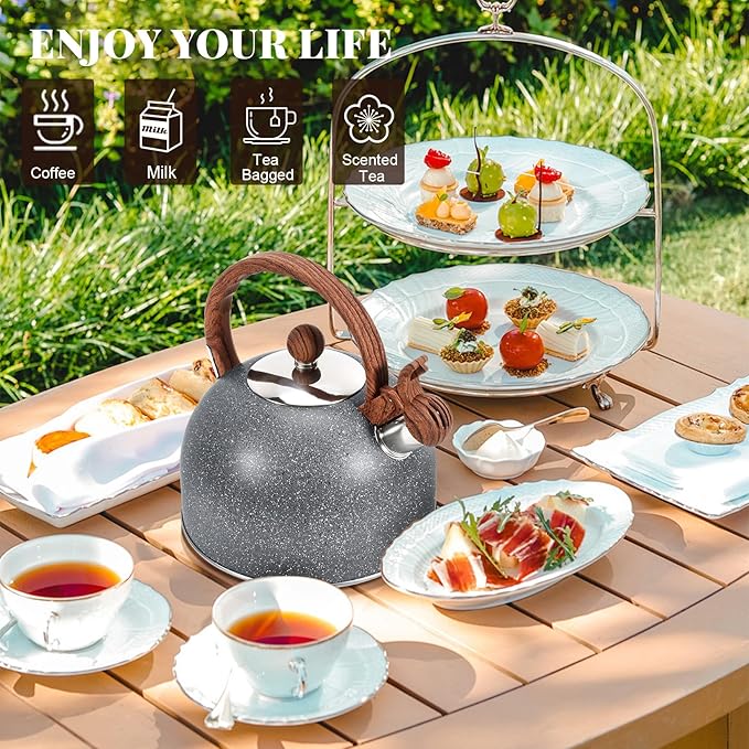 GGC 2.7QT/3L Whistling Tea Kettles for Stove Top, Stainless Steel Tea Kettle with for Boiling Water Milik or Coffee, Starry Gray Tea Pots with Wooden Anti Heat Handle