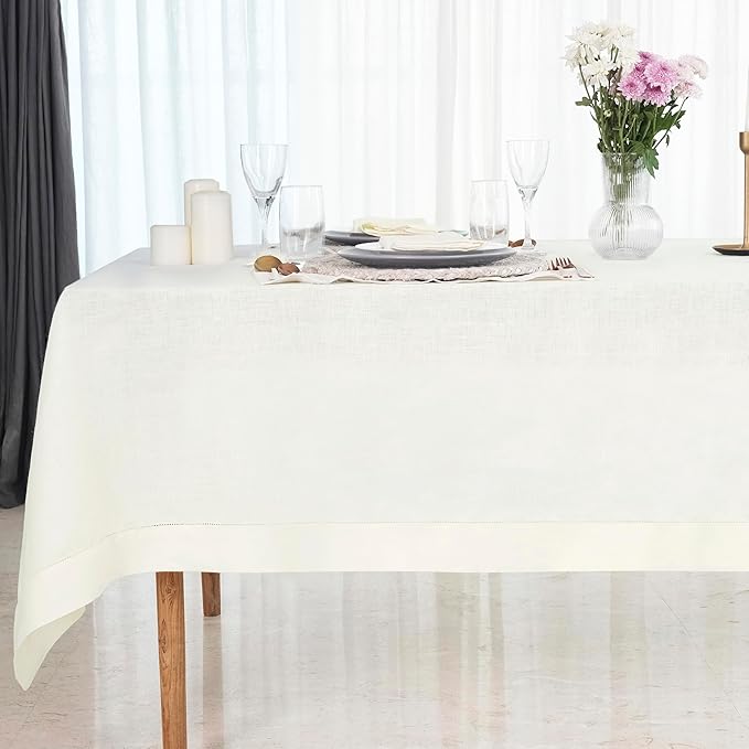 D'Moksha Homes Ivory Linen Tablecloth 60 x 108 Inch - 100% Pure Linen Ivory Table Cloth for Rectangle Tables - Classic Hemstitch, Machine Washable Tablecloth for Winter, Christmas, Holiday, New Year