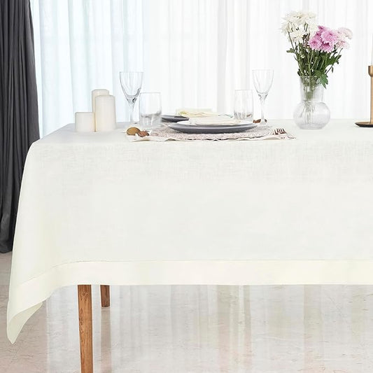 D'Moksha Homes Ivory Linen Tablecloth for Rectangle Tables 60 x 90 Inch - 100% Pure Linen Ivory Table Cloth - Classic Hemstitch, Machine Washable Tablecloth for Winter, Christmas, Holiday, New Year