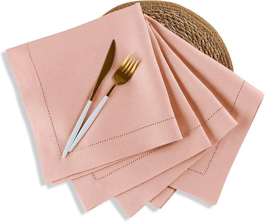 Solino Home Linen Napkins Set of 4 - Medium Weight 100% Pure Linen Hemstitch Misty Pink Dinner Napkins Cloth 20 x 20 Inch for Valentines - Handcrafted and Machine Washable