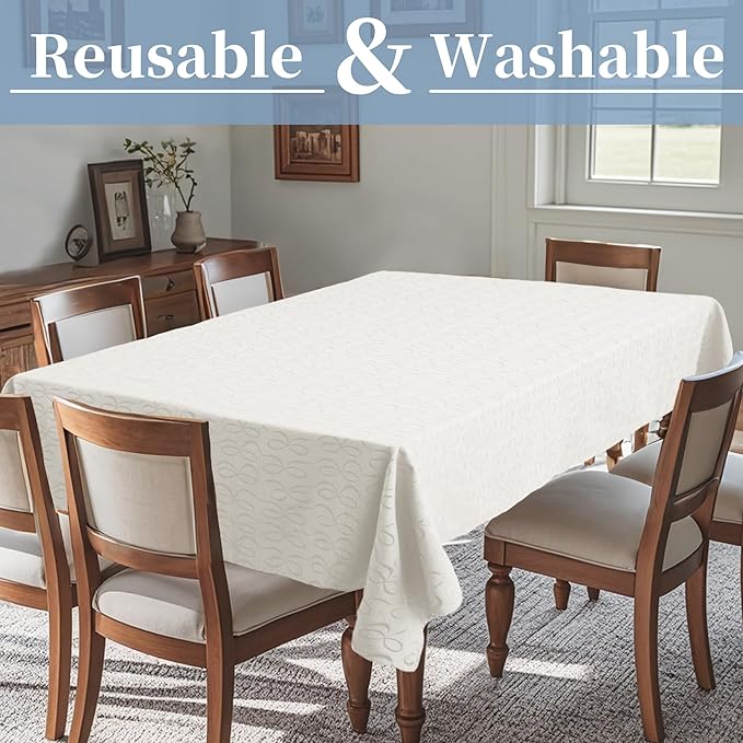 White Table Cloths for 9 Foot Rectangle Tables (60"x120", Seats 10-12) - Cotton-Polyester Blended, Washable & Reusable - 1PC White Tablecloth for Banquet, Party & Dinner, Table Cover with Bow Jacquard