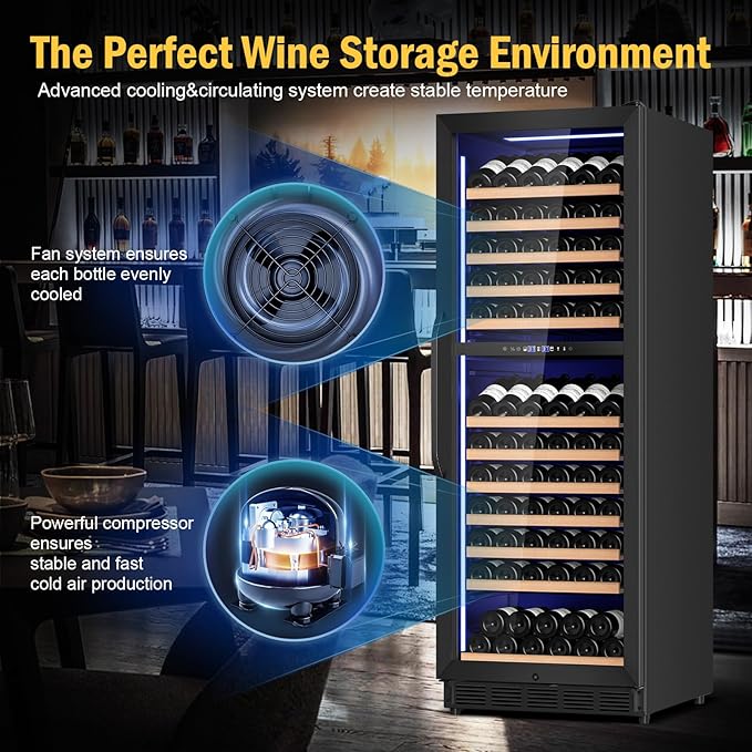 Wine Fridge Dual Zone, Freestanding Wine Cooler Refrigerator 180 Bottles Large Capacity with Sliding Rail Wooden Shelves and Door Lock, Black