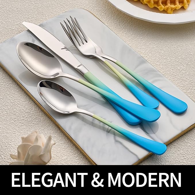 20-Pieces Color Silverware Sets for 4,Blue and Yellow Handle Stainless Steel Cutlery Set, Include Forks Spoons and Knives Set, Dishwasher Safe Utensil Sets for Home Restaurant