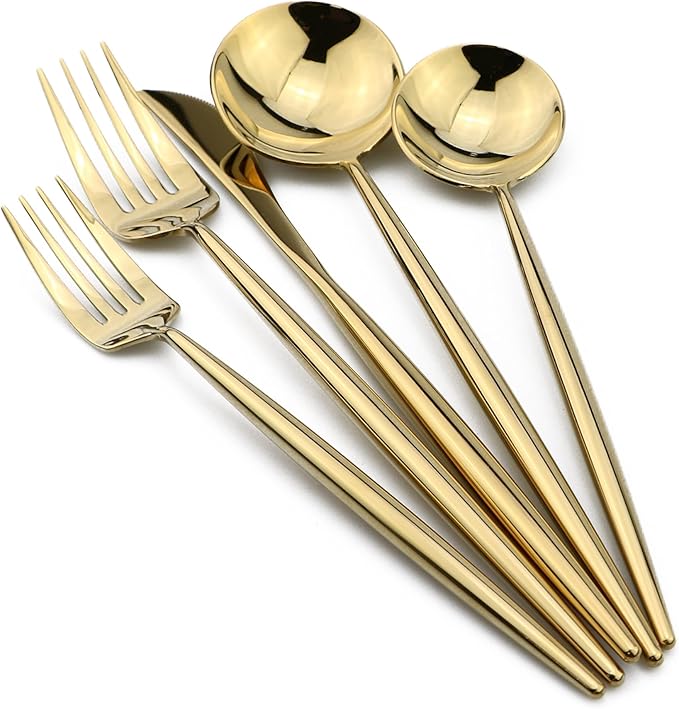 5-Pieces 18/10 Stainless Steel Silverware Set, Colorful Mirror Polishing Gold Flatware Set, Kitchen Knife Fork Spoon Utensils, Service for 1