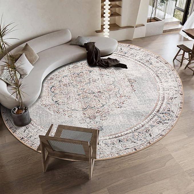 Easy-Going Round Area Rug 3ft Washable Boho Small Circle Rugs for Living Room Non-Slip Bedroom Rug Low Pile Lightweight Vintage Distressed Throw Rug for Dining Room Kitchen Home Office, Grey Brick
