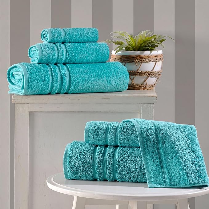 Hawmam Linen Teal Turquoise 6 Piece Bath Towels Set for Bathroom Original Turkish Cotton Soft, Absorbent and Premium 2 Bath Towels, 2 Hand Towels, 2 Washcloths